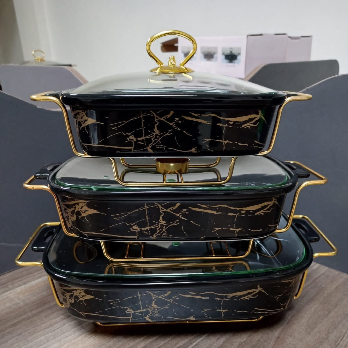 3pc Marble PorcelainModern Chafing Dish Set Sizes 11" 13" 15"