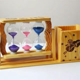 Handicraft Wooden Pen Stand with 3-Hourglass Timer Desk Organizer Pen holder Pen Holders