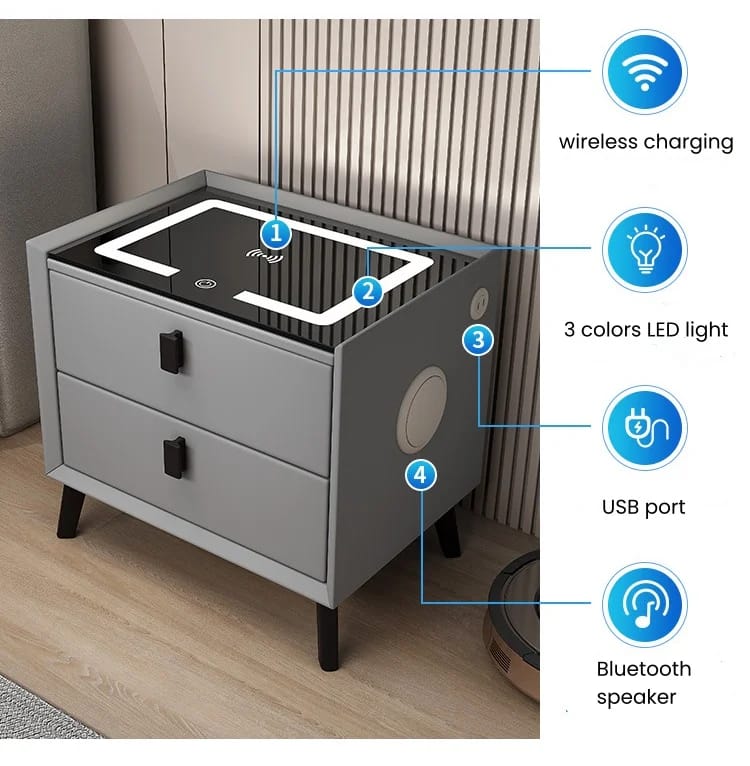 Smart Bedside Table Cabinet with Wireless Charging Bluetooth and LED