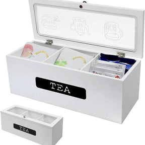 3 Compartment Tea Bag Organizer – Solid Pine Wood Kitchen Counter & Beverage Station Organizers