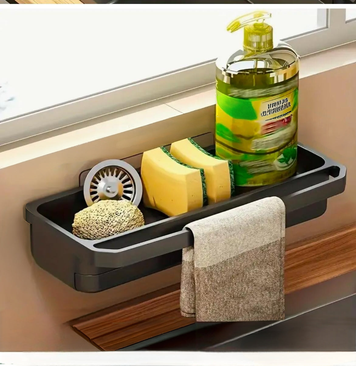 "Wall Mounted Sink Caddy Organizer with Drip Tray and Dish Cloth Hanger No Drill Rustproof Design"