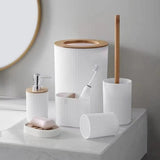 6pcs Bathroom Accessories Set – Elegant White & Black Design with Soap Dispenser and Trash Can