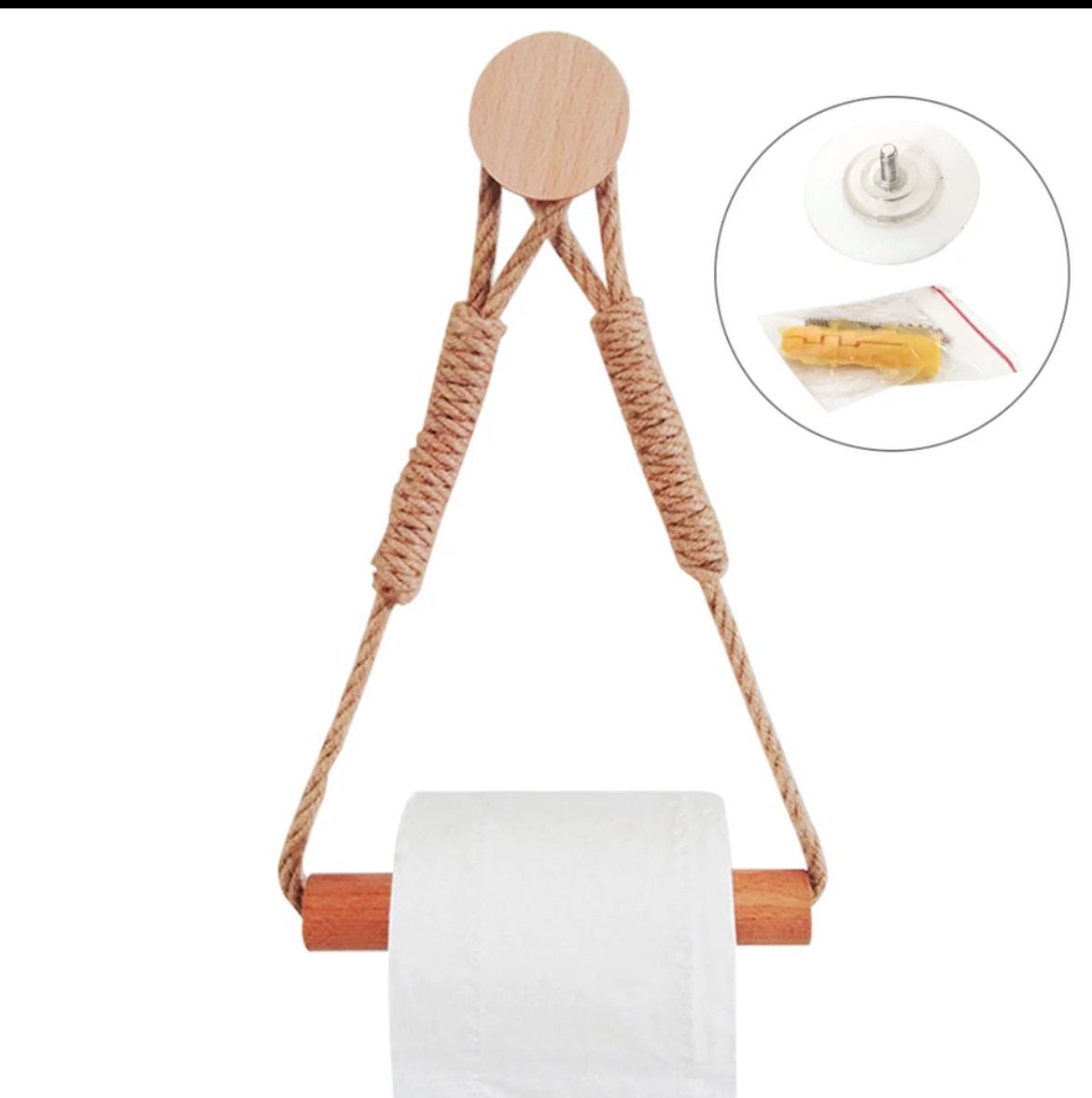Hemp Rope Tissue Holder with Bamboo Base  Stylish Wall or Tabletop Dispenser