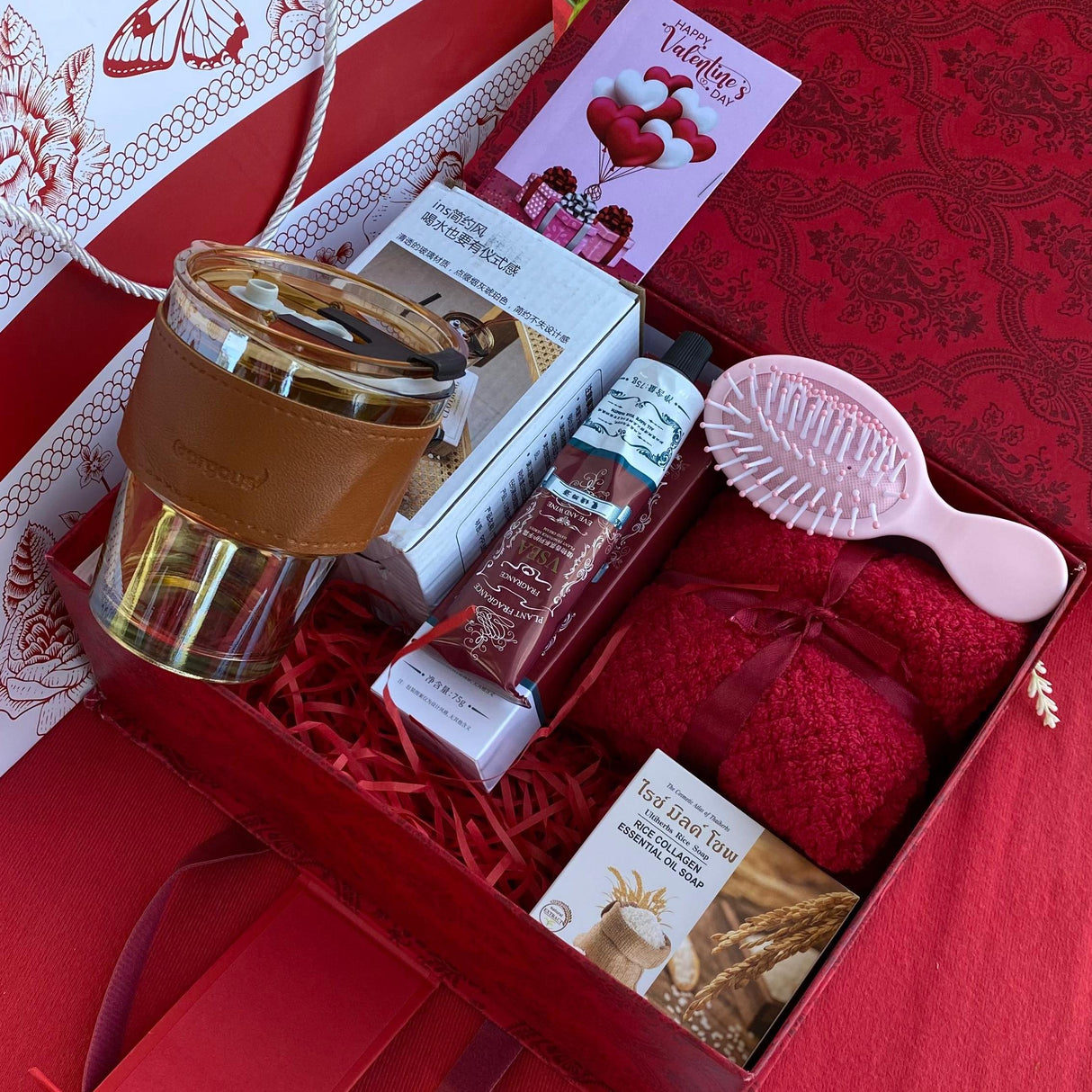 Hot Valentines Ladies Gift Set with Bath Essentials and Glass Tumbler