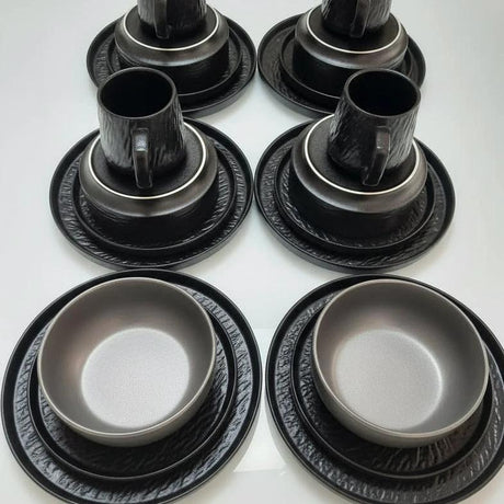 Black Ceramic 24pcs Dinner Set with Textured Modern Finish dinnerware Dinnerware Sets