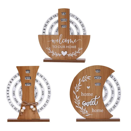 Wooden Creative Perpetual Calendar Desk Ornament with Manual Rotating Turntable.