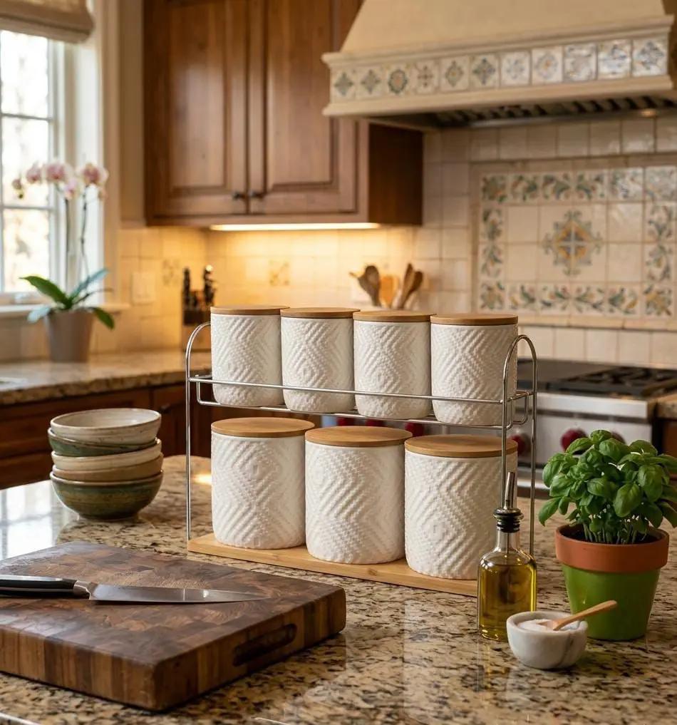 Eight Piece Luxury Ceramic Canister Set With Bamboo Lids And Display Rack Kitchen & Dining Food Storage Containers