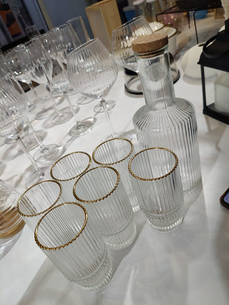 6pc Ribbed Glasses with Gold Rim and Matching Decanter Elegant Drinkware Set- Furaha Finds Kenya