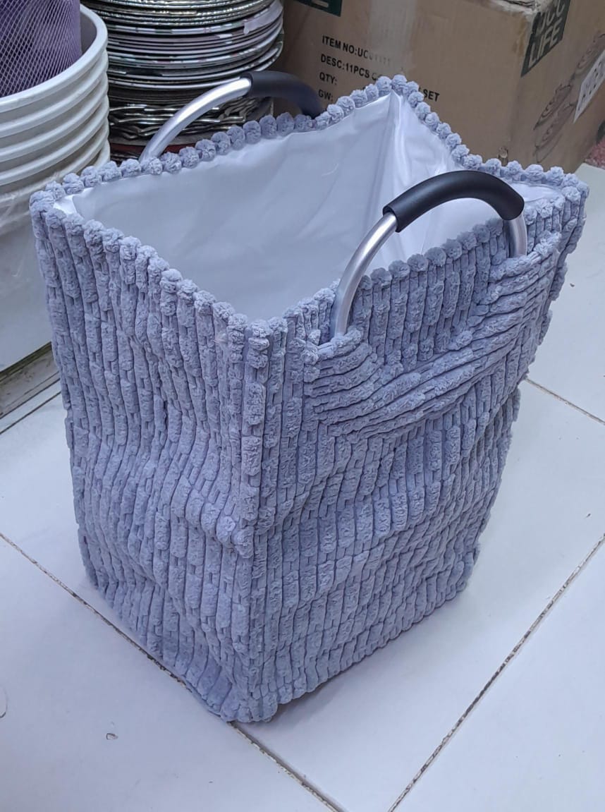 Velvet Corduroy Laundry Basket – White and Grey