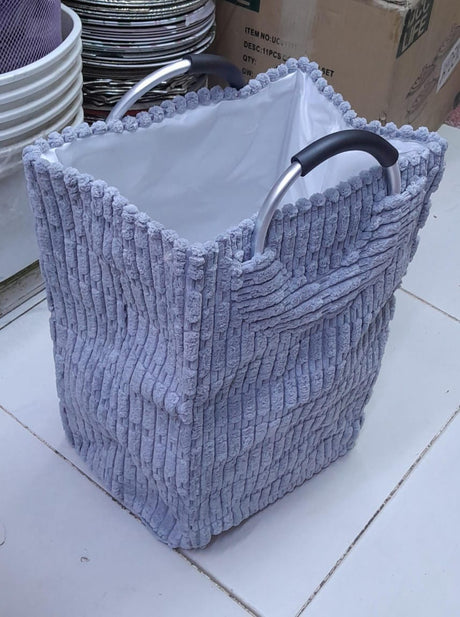 Velvet Corduroy Laundry Basket – White and Grey