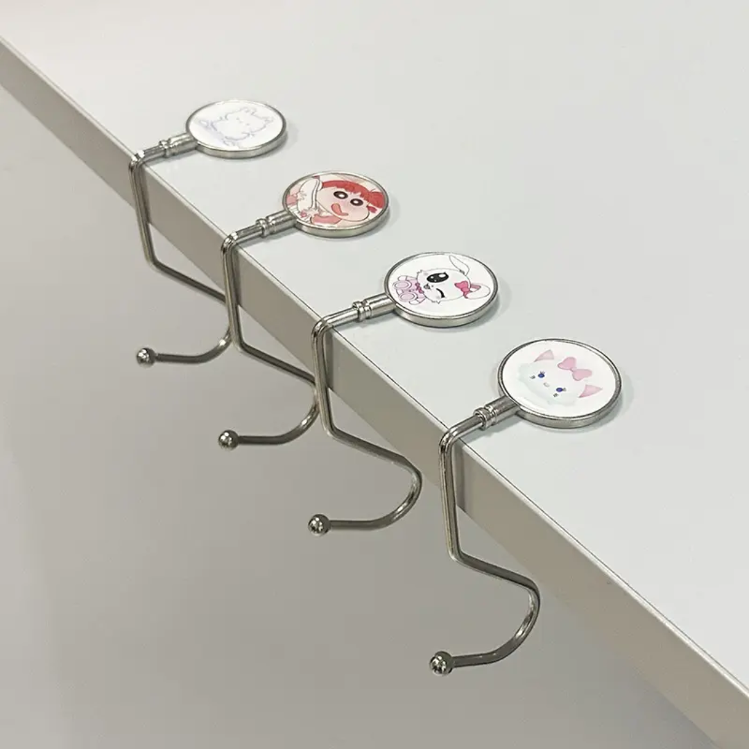 Furaha Finds custom logo metal folding bag holder with cartoon pattern desk side hook stylish compact and perfect for handbags at home office or on the go
