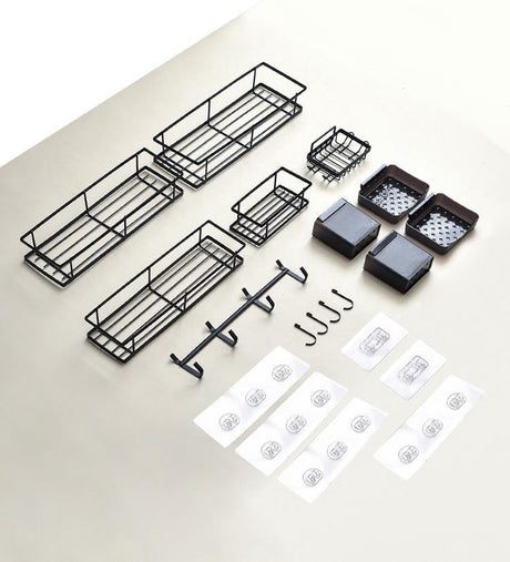 8pc Bathroom Organizer Set Matte Black Wall Mounted Storage with Hooks & Holders