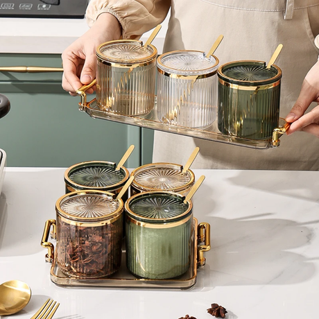 Luxury Acrylic Seasoning Set | Includes 4 Jars, Tray, and Spoons | Gold, Clear, Black- Furaha Finds Kenya