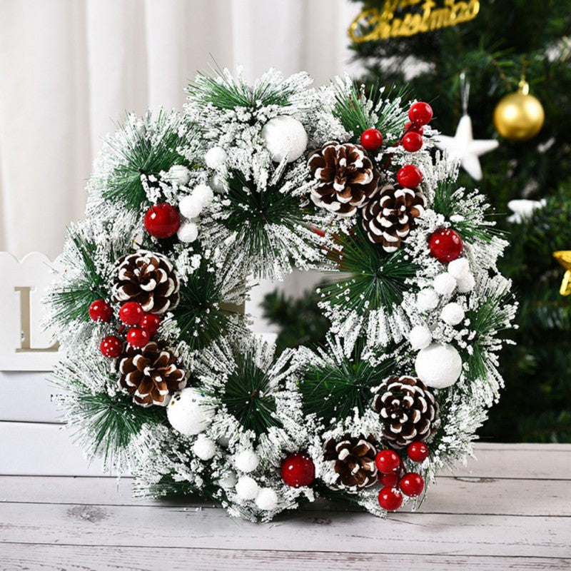 Snowy Christmas Wreath – 32cm Front Door Decoration with Pine Cones and Berries