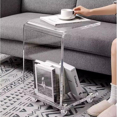 Luxury C Shaped Clear Acrylic Side Table with Wheels 33x38x58cm for Bedside or Living Room Use