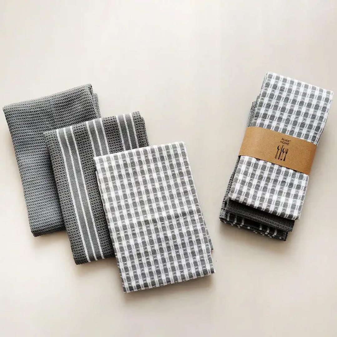 Checked Waffle Weave Kitchen Towels Set of 3 Soft and Absorbent