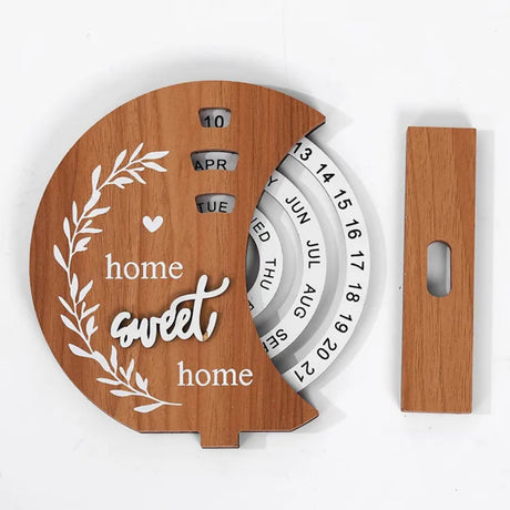 Wooden Creative Perpetual Calendar Desk Ornament with Manual Rotating Turntable.
