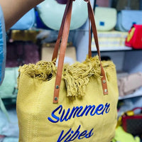 Women's Summer Vibes Tote Bag Frayed Canvas Leather Handles Bags & Accessories Beach Bags