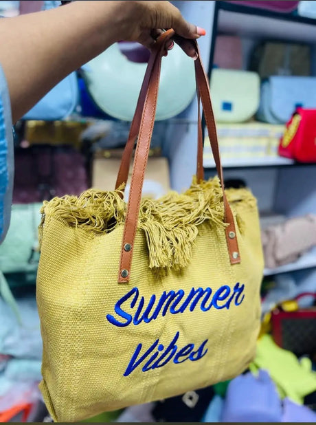 Women's Summer Vibes Tote Bag Frayed Canvas Leather Handles Bags & Accessories Beach Bags
