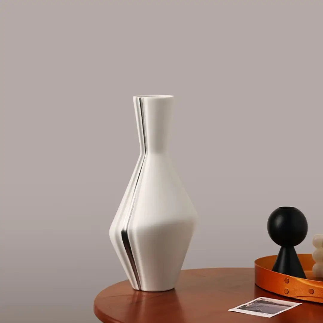 3pc Sculptural Pinch-Groove Ceramic Vase Set Cream Silver Graduated Heights Home & Garden Vases