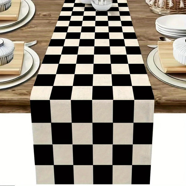 Geometric Stripe Linen Table Runner - Modern Black and White Plaid Table runner Table Runners