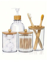 4pcs Bamboo Bathroom Accessories Set with Soap Dispenser and Toothbrush Holder