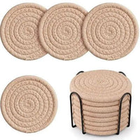 Woven Cotton Coasters Set With Metal Stand Kitchen & Dining Coasters