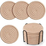 Woven Cotton Coasters Set With Metal Stand Kitchen & Dining Coasters