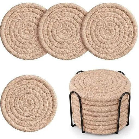 Woven Cotton Coasters Set With Metal Stand Kitchen & Dining Coasters