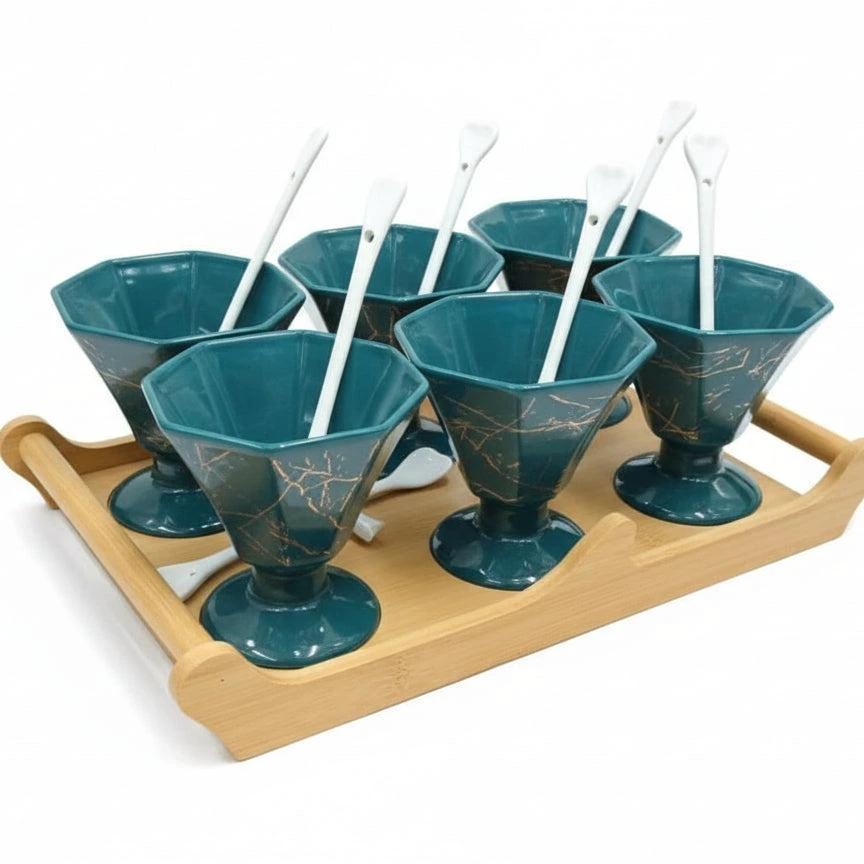 Ice Cream Ceramic Cups with Bamboo Base Kitchen and dining