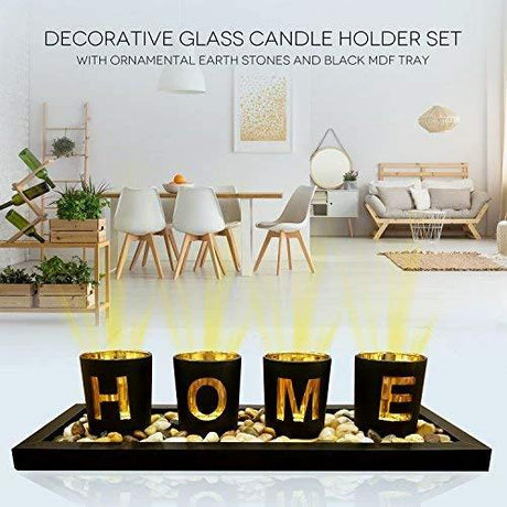 HOME Branded 4 Piece Glass Candle Holder Set with Wooden Base and Pebbles Candle Holders
