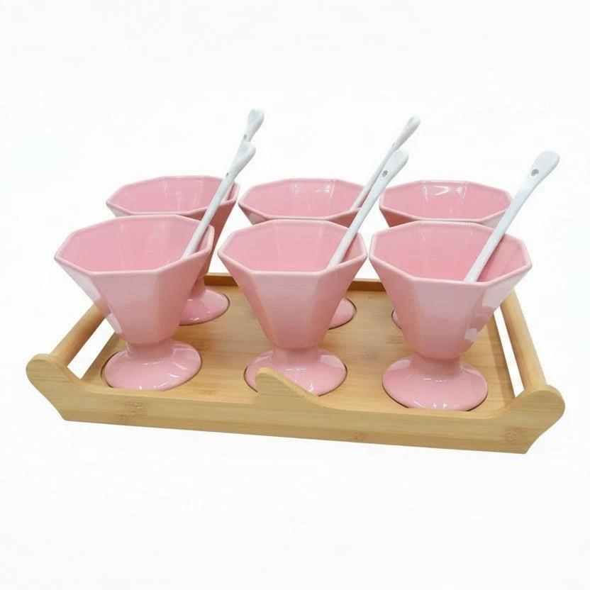 Ice Cream Ceramic Cups with Bamboo Base Kitchen and dining
