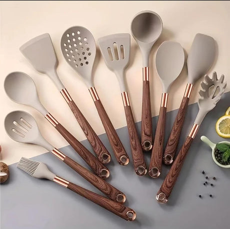 11pcs Durable Silicone Spoons Set with Gold Plated Wooden Handles and Round Holder- Furaha Finds Kenya