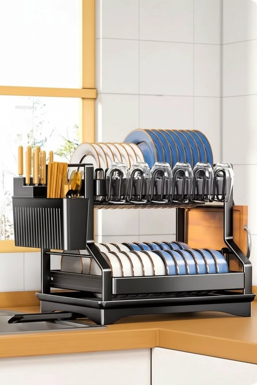 2 Tier Kitchen Dish Rack with Drain Tray Large Capacity Countertop Organizer Dish Racks