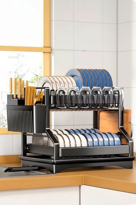 2 Tier Kitchen Dish Rack with Drain Tray Large Capacity Countertop Organizer Dish Racks