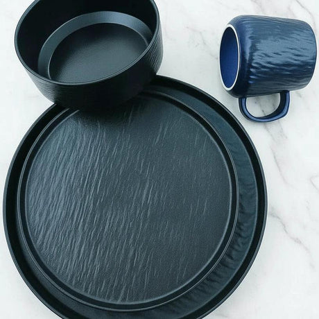Black Ceramic 24pcs Dinner Set with Textured Modern Finish dinnerware Dinnerware Sets