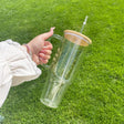 Borosilicate Bamboo Drinking Glass Cup with Lid and Straw – 1200ml