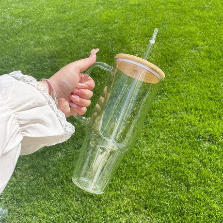 Borosilicate Bamboo Drinking Glass Cup with Lid and Straw – 1200ml