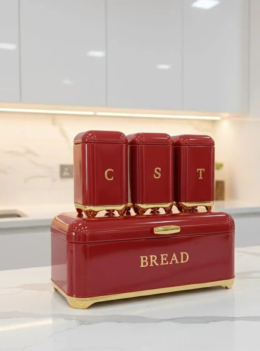 Nordic Bread Bin with 3-Canister Set Gold Bread bin and Canister set Food Storage Containers