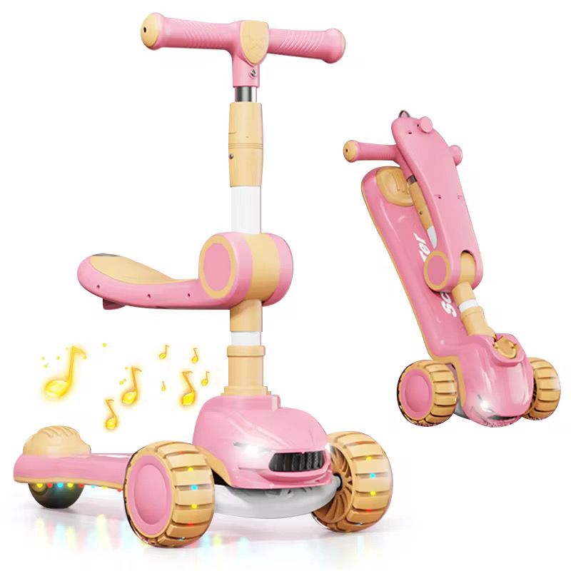 Foldable Kids Scooter with Seat LED Lights and Music