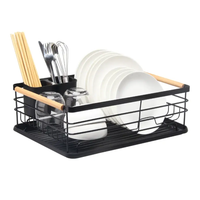 Dish Rack - Single Tier Metal Wire with Draining Tray Cutlery Holder and Wood Handle Bar Black Kitchen & Dining Dish Racks