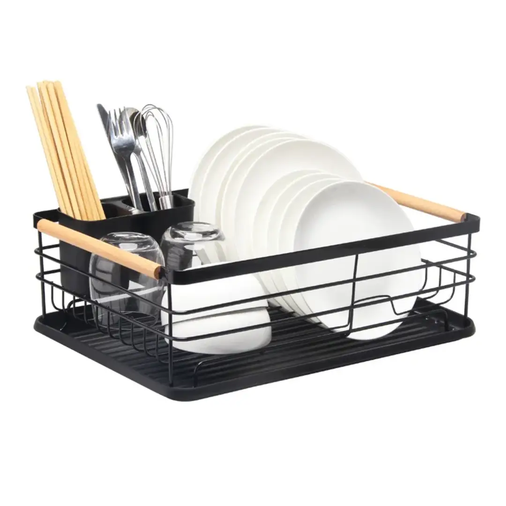 Dish Rack - Single Tier Metal Wire with Draining Tray Cutlery Holder and Wood Handle Bar Black Kitchen & Dining Dish Racks