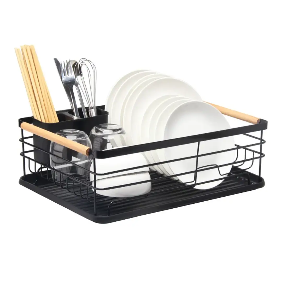 Dish Rack - Single Tier Metal Wire with Draining Tray Cutlery Holder and Wood Handle Bar Black Kitchen & Dining Dish Racks