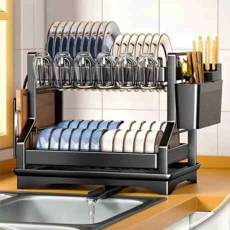 2 Tier Kitchen Dish Rack with Drain Tray Large Capacity Countertop Organizer Dish Racks