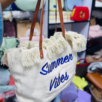 Women's Summer Vibes Tote Bag Frayed Canvas Leather Handles Bags & Accessories Beach Bags