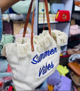 Women's Summer Vibes Tote Bag Frayed Canvas Leather Handles Bags & Accessories Beach Bags