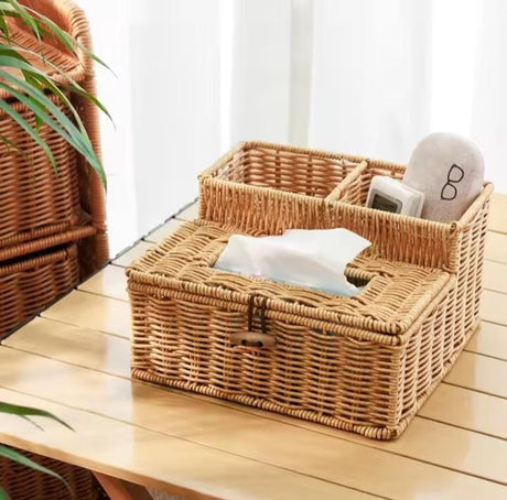 3 Slots Storage Organizer with Serviette Holder Rattan Brown- Furaha Finds Kenya
