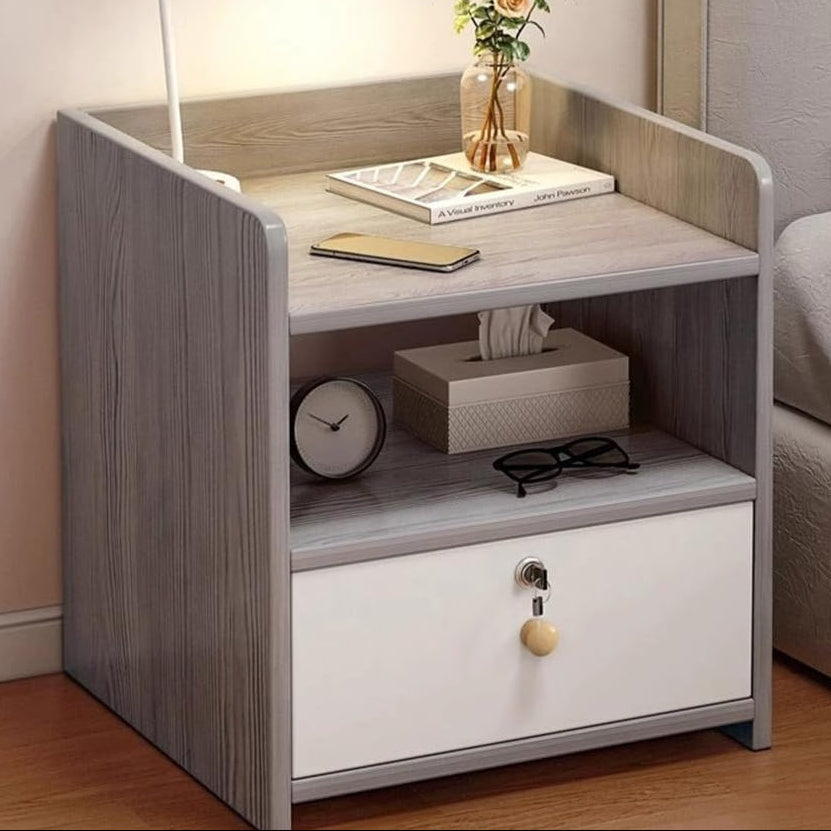 Mini Modern Bedside Storage Cabinet with Lockable Drawer (Grey)