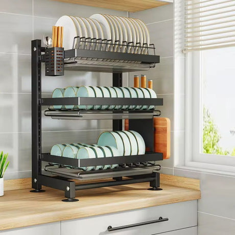 3 Tier Heavy Duty Adjustable Height Dish Drying Rack with Drainboard and Utensils Holder.- Furaha Finds Kenya