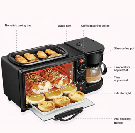 Nunix BE-12 3-in-1 Breakfast Maker 12L Oven, Coffee Maker & Nonstick Frying Pan Combo